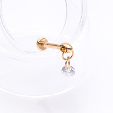 Detail View 1 of Implant Grade Titanium Golden Simple Sparkle Dangle Internally Threaded Labret-Clear Gem